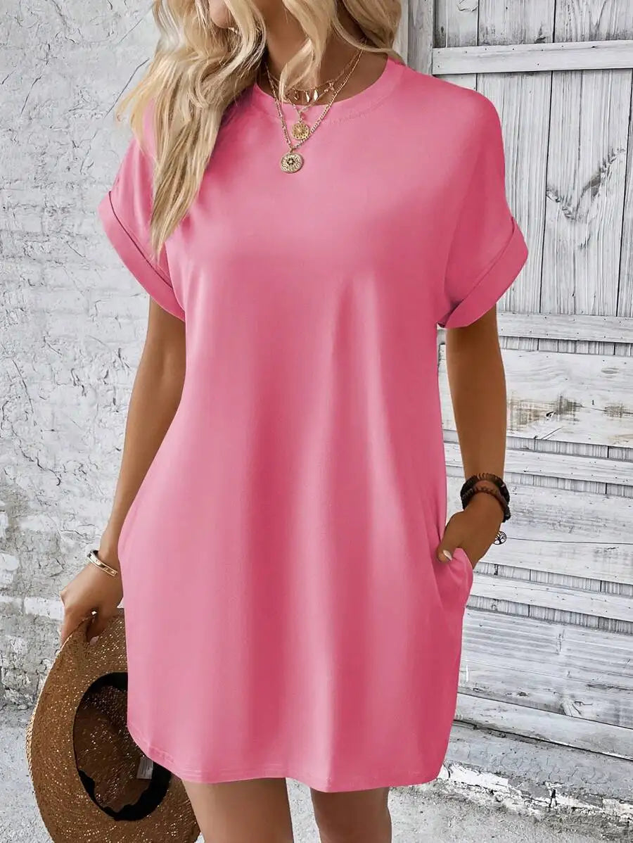 Beige Solid Batwing Sleeve Loose Mini Dress for Casual Summer Wear