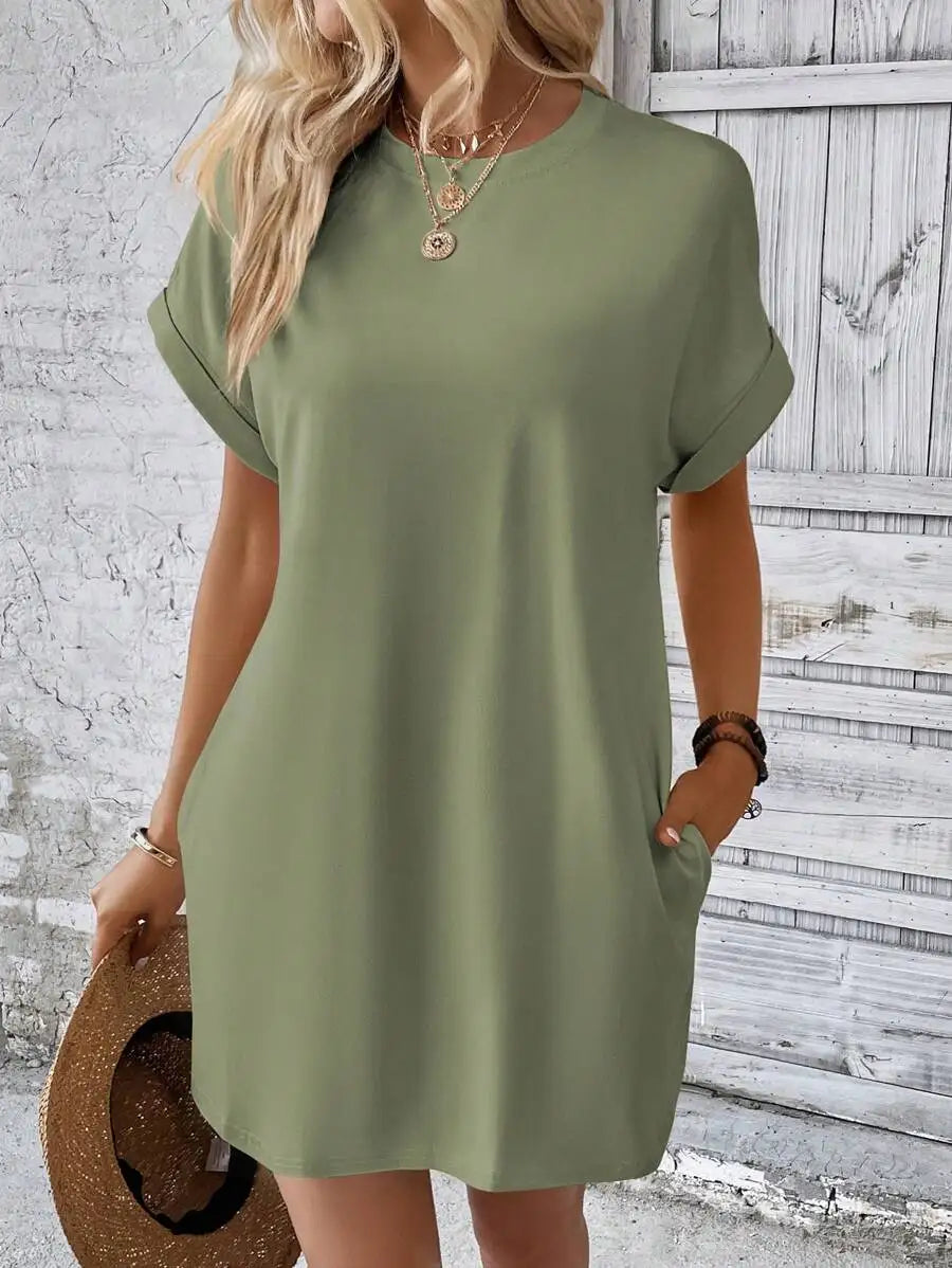 Beige Solid Batwing Sleeve Loose Mini Dress for Casual Summer Wear