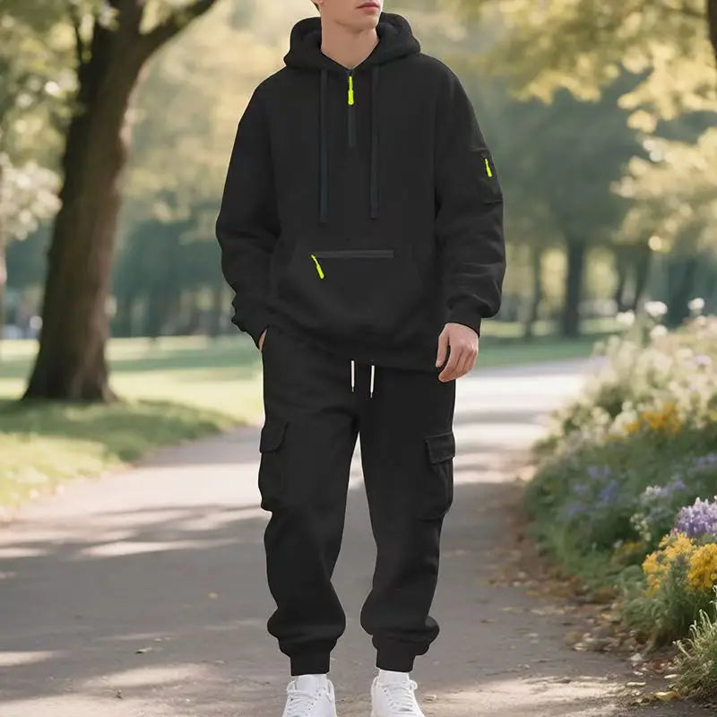 Men's Fleece-Lined Hooded Sweatshirt Set Sporty Casual Trendy Brand Solid Color Sweatpants Autumn Winter 2025