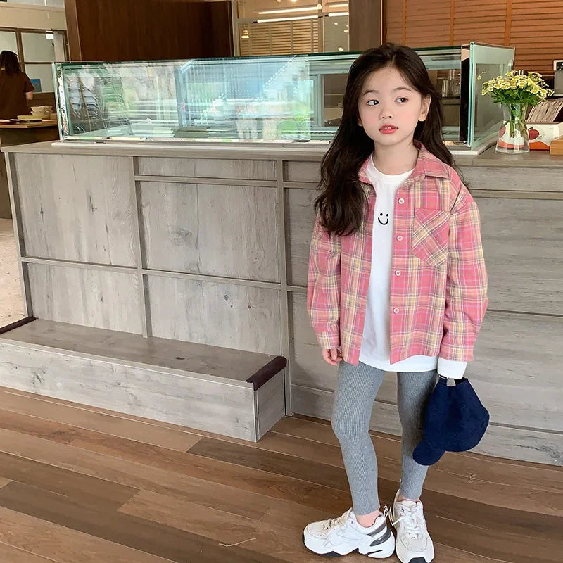 Girls Pink Plaid Long Sleeve Shirt Coat – Korean Style Sweet Outerwear