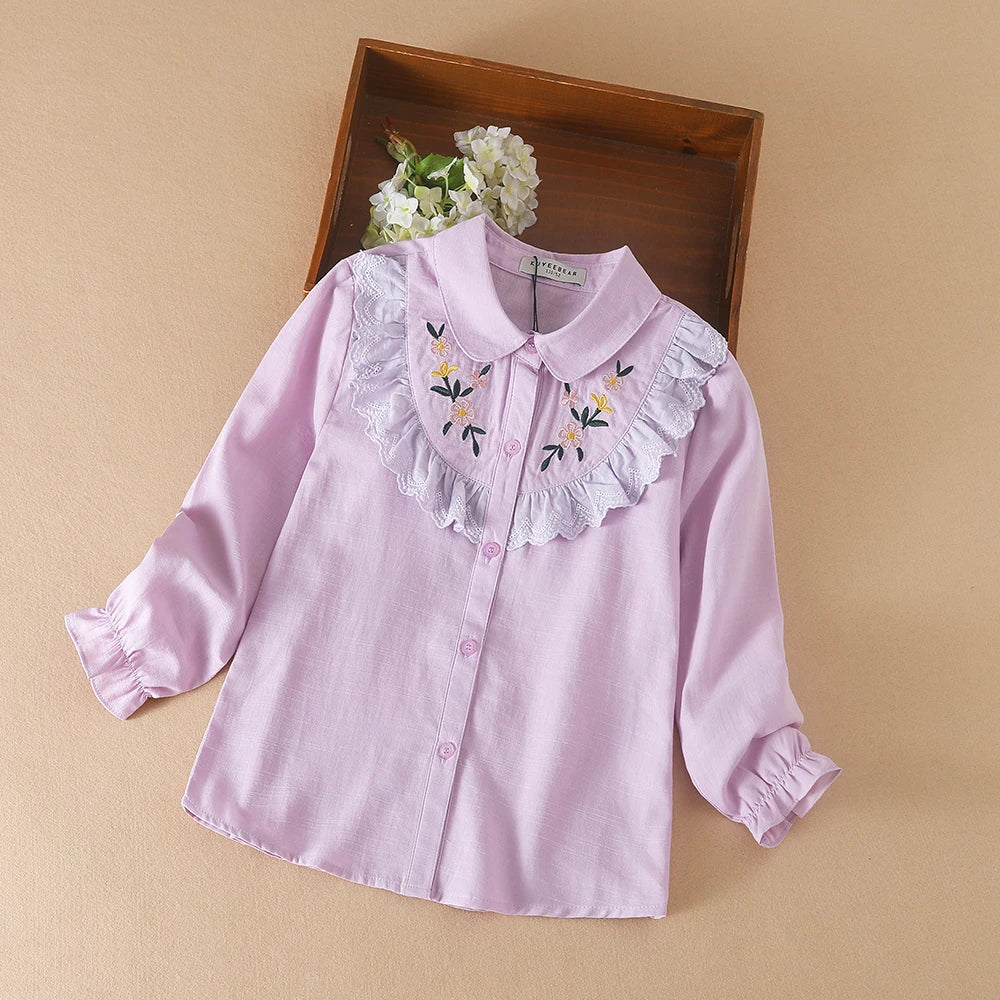 Girls Embroidery White Long Sleeve Blouse – 100% Cotton School Shirt Ages 8–12