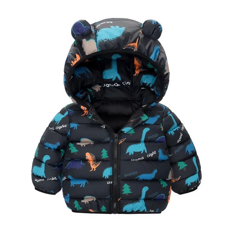 Kids Cartoon Dinosaur Hooded Warm Jacket – Lightweight Winter Outerwear Ages 0–5