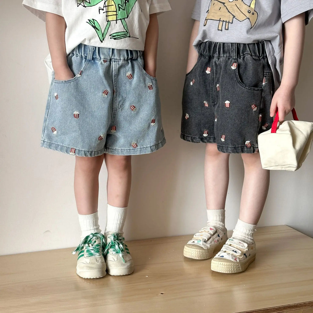 2025 Summer Kids Denim Shorts Children Boys Girls Popcorn Embroidery Short Pants Casual Knee Length Jeans Shorts