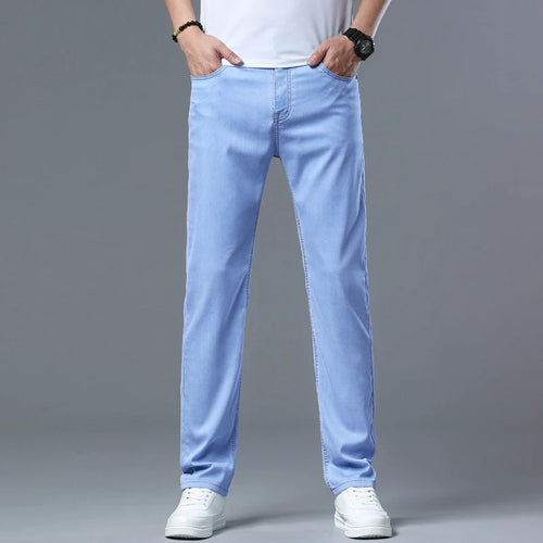 2025 Summer New Men's Sky Blue Slim Stretch Jeans Lyocell Thin Style Fashion Casual Ice silk Denim Pants Male Brand Trousers