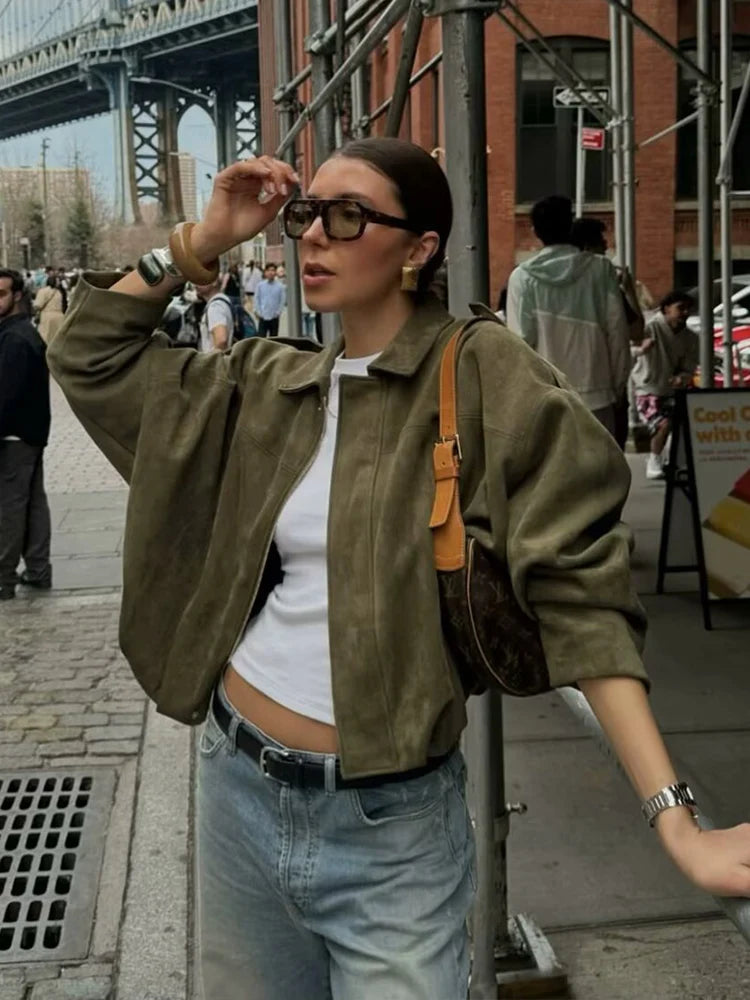 Women's Green Suede Oversize Bomber Jacket – Long Sleeve Zipper Casual Street Coat
