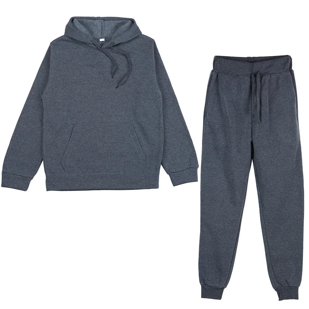 Men's Solid Color Hoodie & Pants 2-Piece Set – Casual Sports Tracksuit