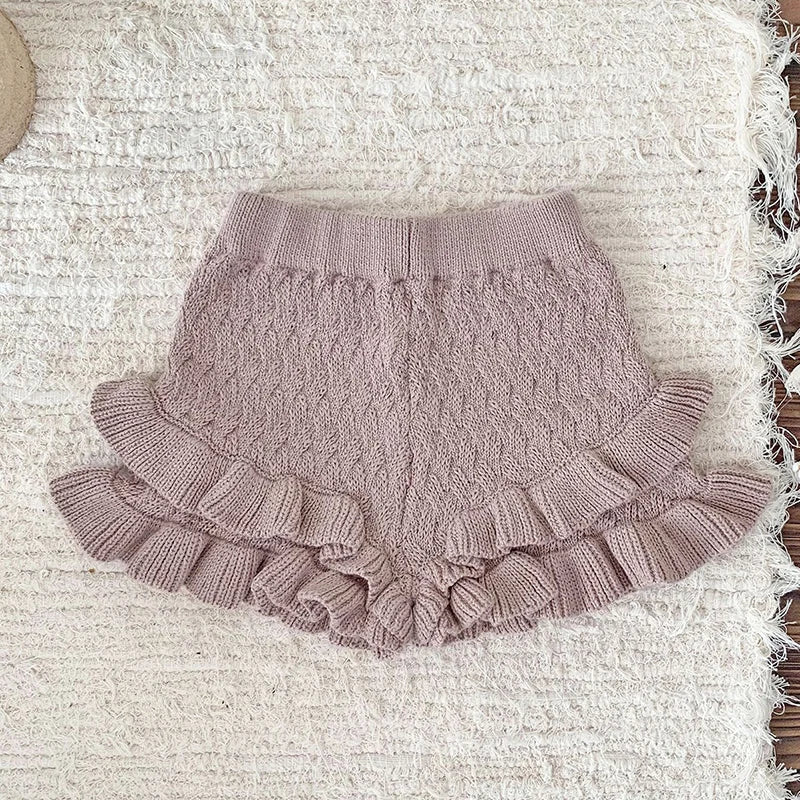 2024 New Autumn 0-4Yrs Baby Girls Knitted Shorts Toddler Baby Girls Solid Color Hollow Out Knitting Shorts Children Shorts