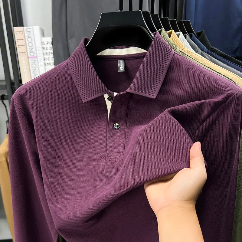 100% cotton luxury polo shirt long sleeve men's classic simple solid color business casual spring autumn comfort premium T-shirt