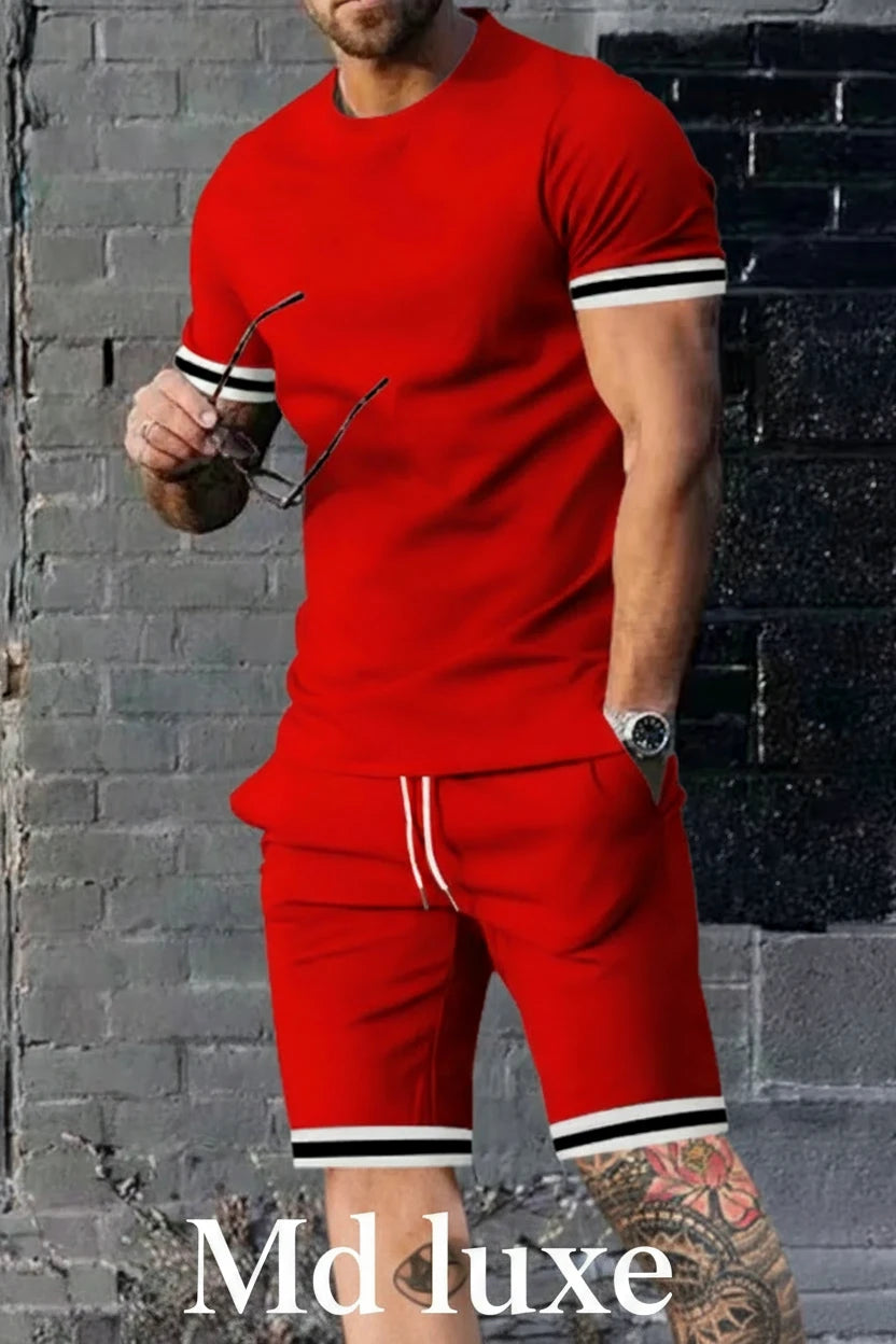 EUROPEAN AND AMERICAN MEN'S SUMMER MEN'S LOOSE SET SHORT SLEEVED SHORTS SPORTS CASUAL ROUND NECK TWO-PIECE SET MEN'S S-3XL