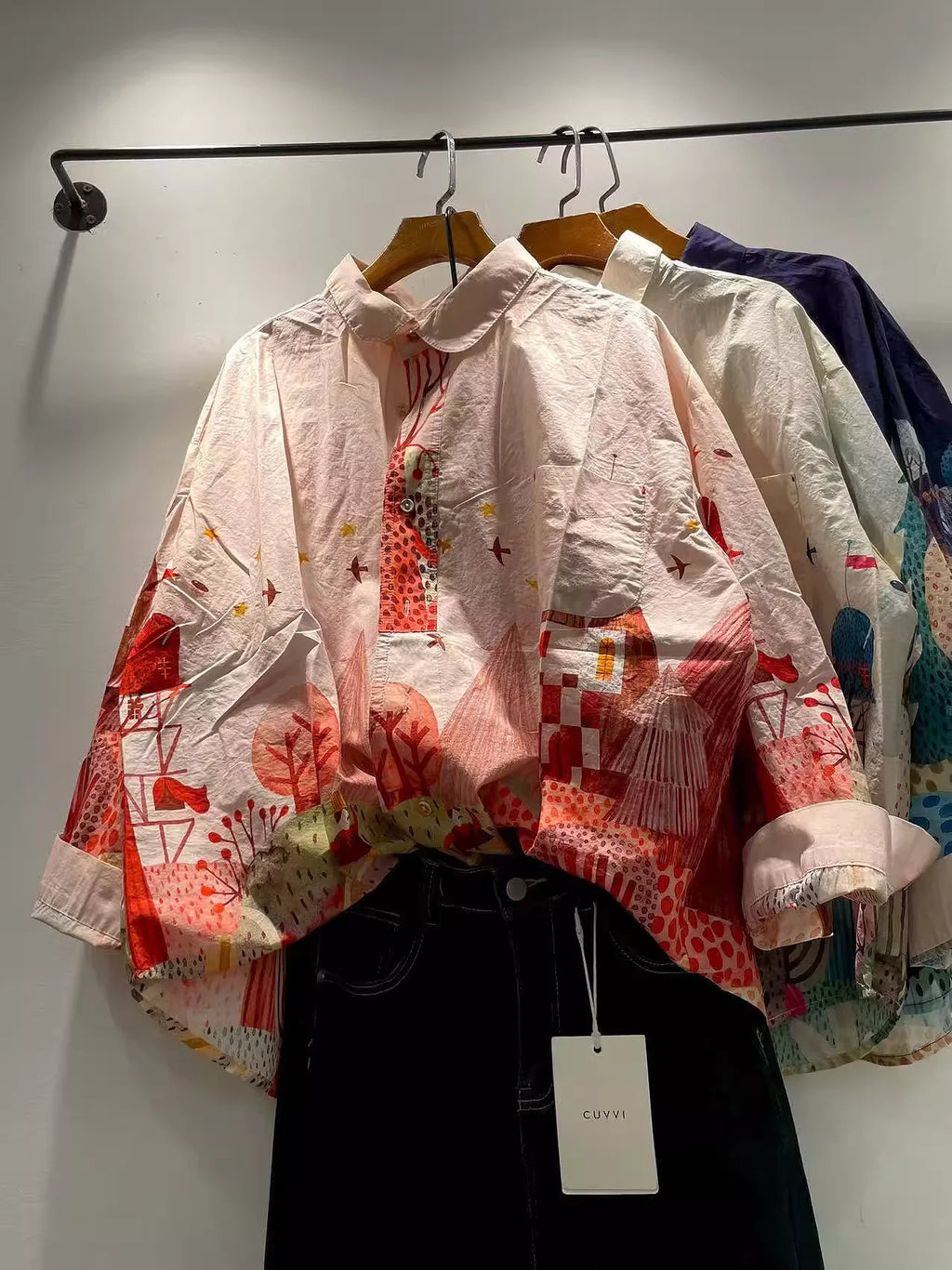 Women's Oversized Cotton Cartoon Print Long Sleeve Shirt – Japanese Fashion Blouse