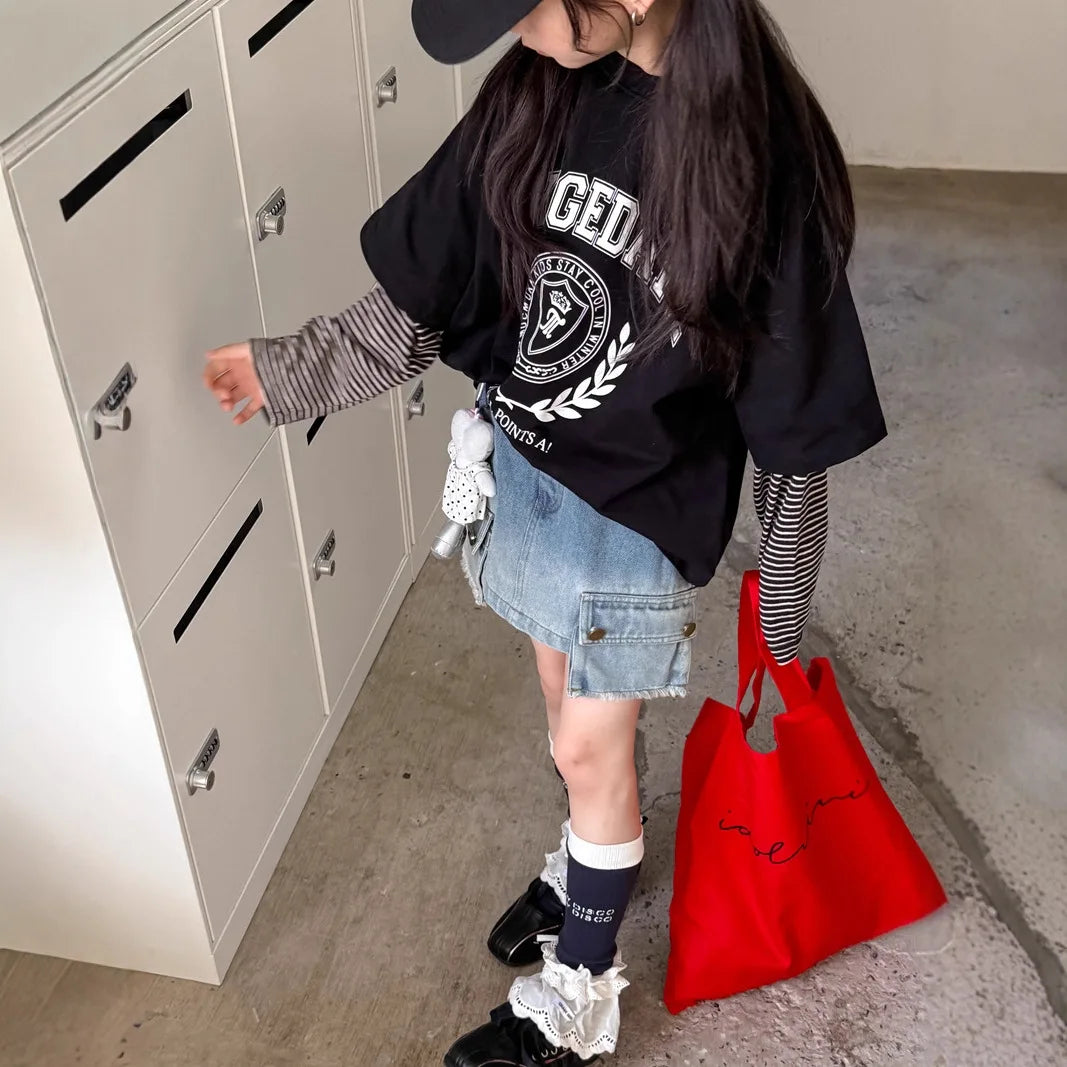 Kids Fake Two-Piece Striped Long Sleeve Top – Oversized Contrast Casual Shirt