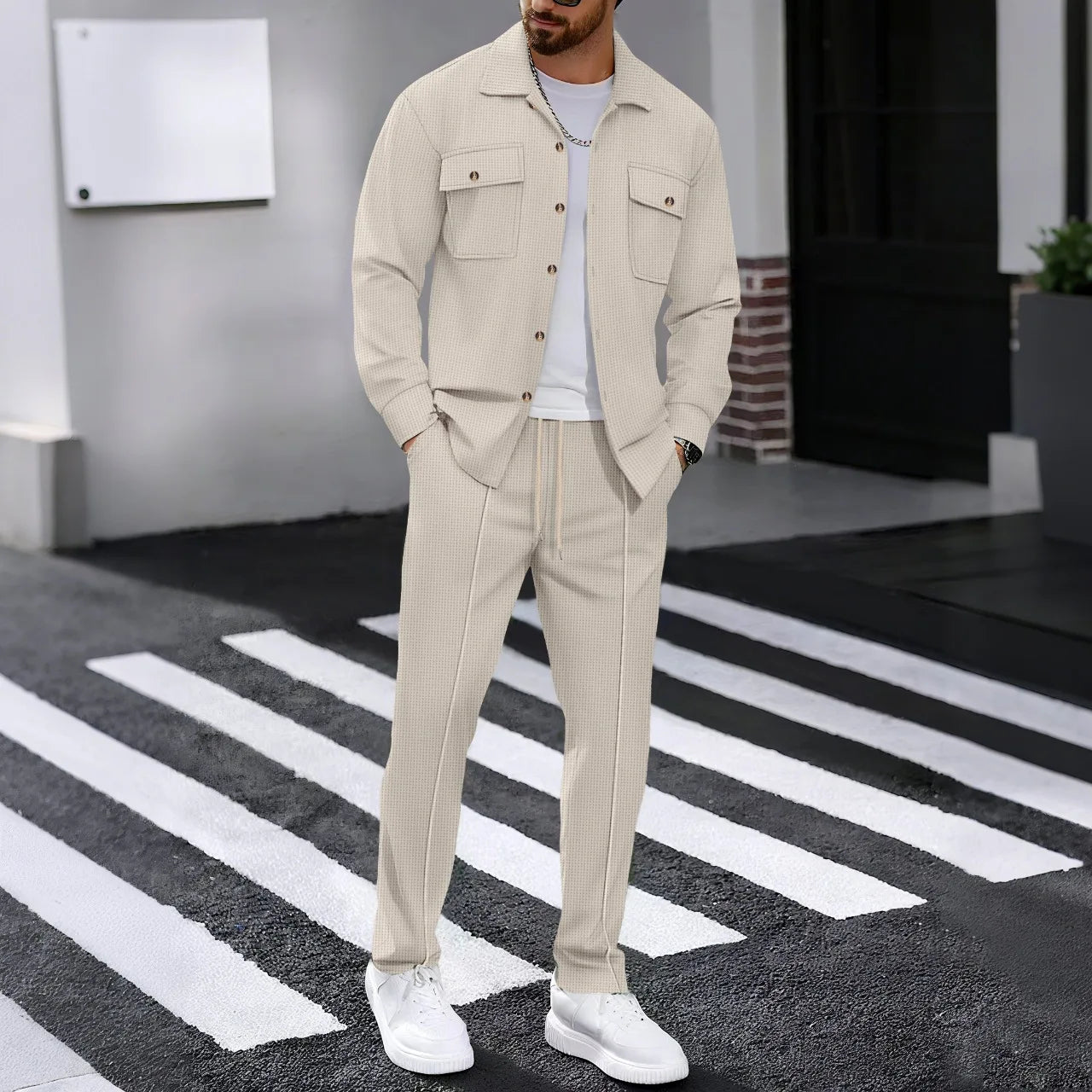 Men's Waffle Check Workwear Fashionable Lapel Button Jacket And Long Pants Comfortable Breathable Casual Business Outfi 1/2piece