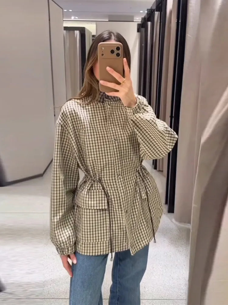 Causal Long Sleeved Grid  Female Jacket Drawstring Tight Loose Women's Trench Collar Fashion Single Breasted Pocket Outerwear