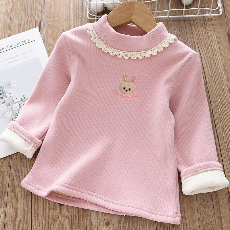 Girls Rabbit Embroidery Velvet Long Sleeve Top – Warm Half-High Collar Base Shirt