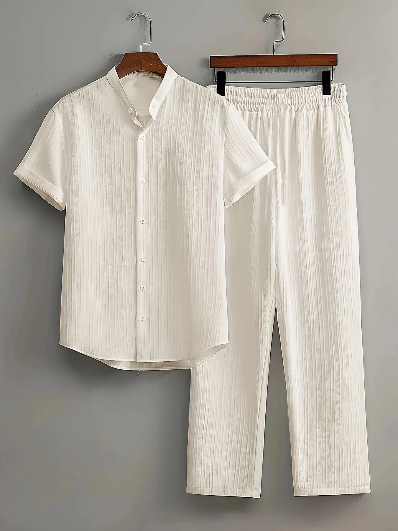 Men's Two Pieces Casual Outfit Loungewear Solid Color Textured Short Sleeve Button Down Shirt and Long Drawstring Pants
