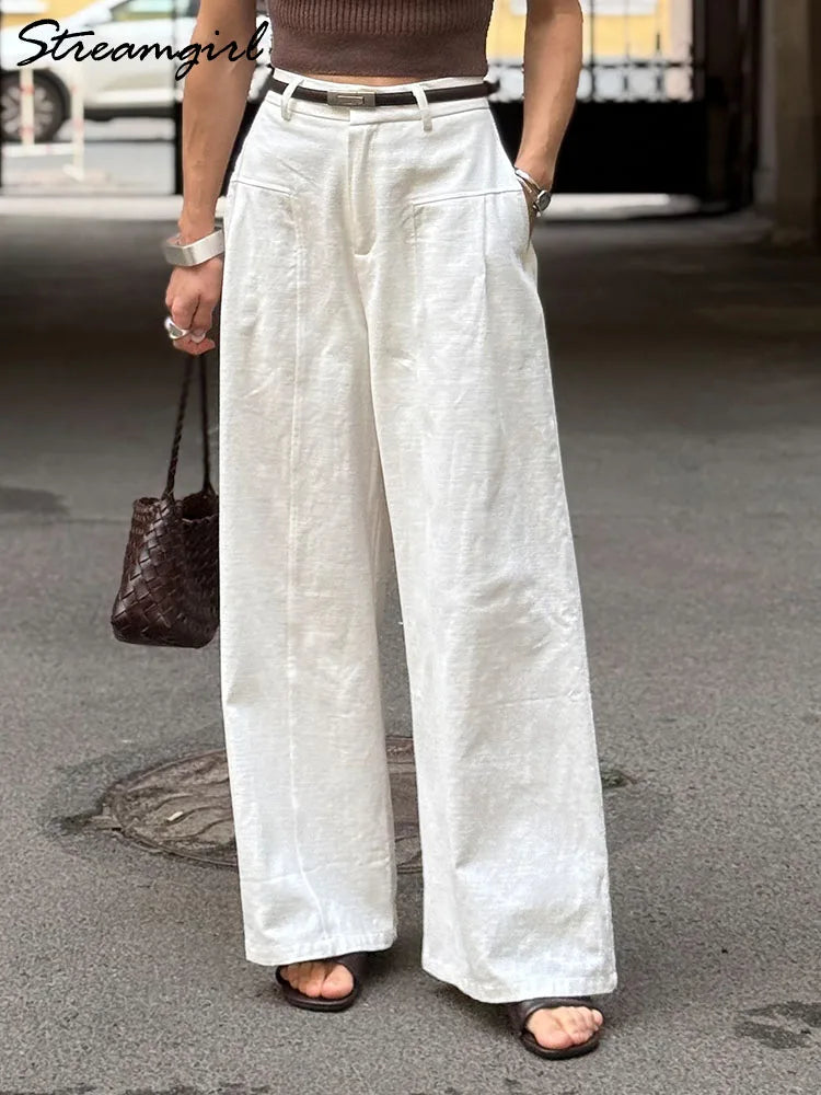 Women's White Cotton High Waist Wide Leg Office Pants – Formal Straight Leg Trousers