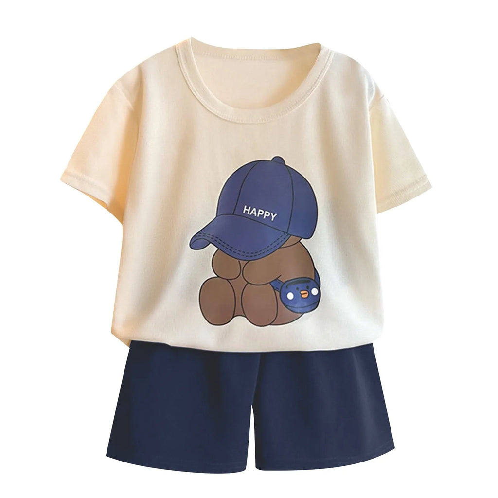 Boys Bear Print Short Sleeve T-Shirt & Shorts Set – Cotton 2-Piece Casual Outfit