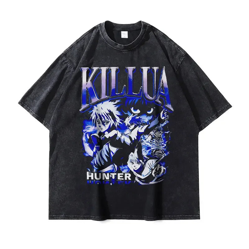 Kurapika T-shirts Vintage Washed Anime Hunter T Shirt Oversize Manga Killua Zoldyck Gon Hisoka Chrollo Tops Tees Men 100% Cotton