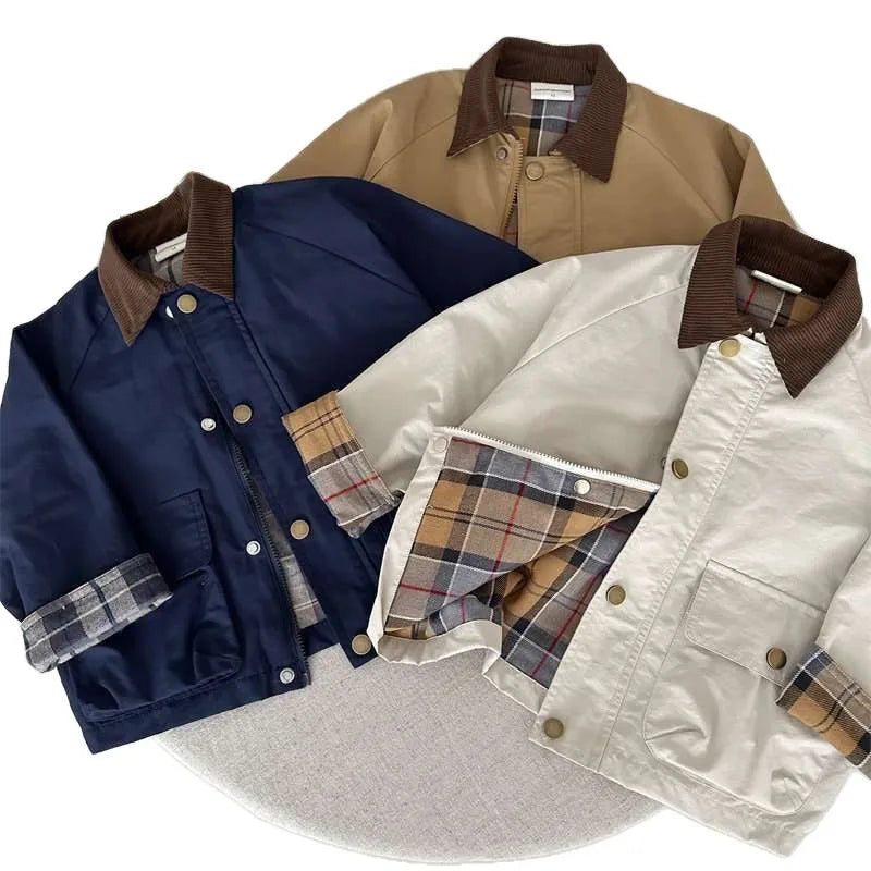 Boys Plaid Spliced Pocket Long Sleeve Jacket – Toddler Outerwear Coat