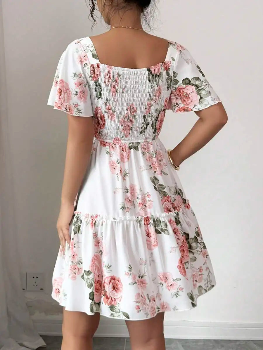 Women's Floral Print Ruffle Hem Short Sleeve Casual Dress – Vacation Evening Style