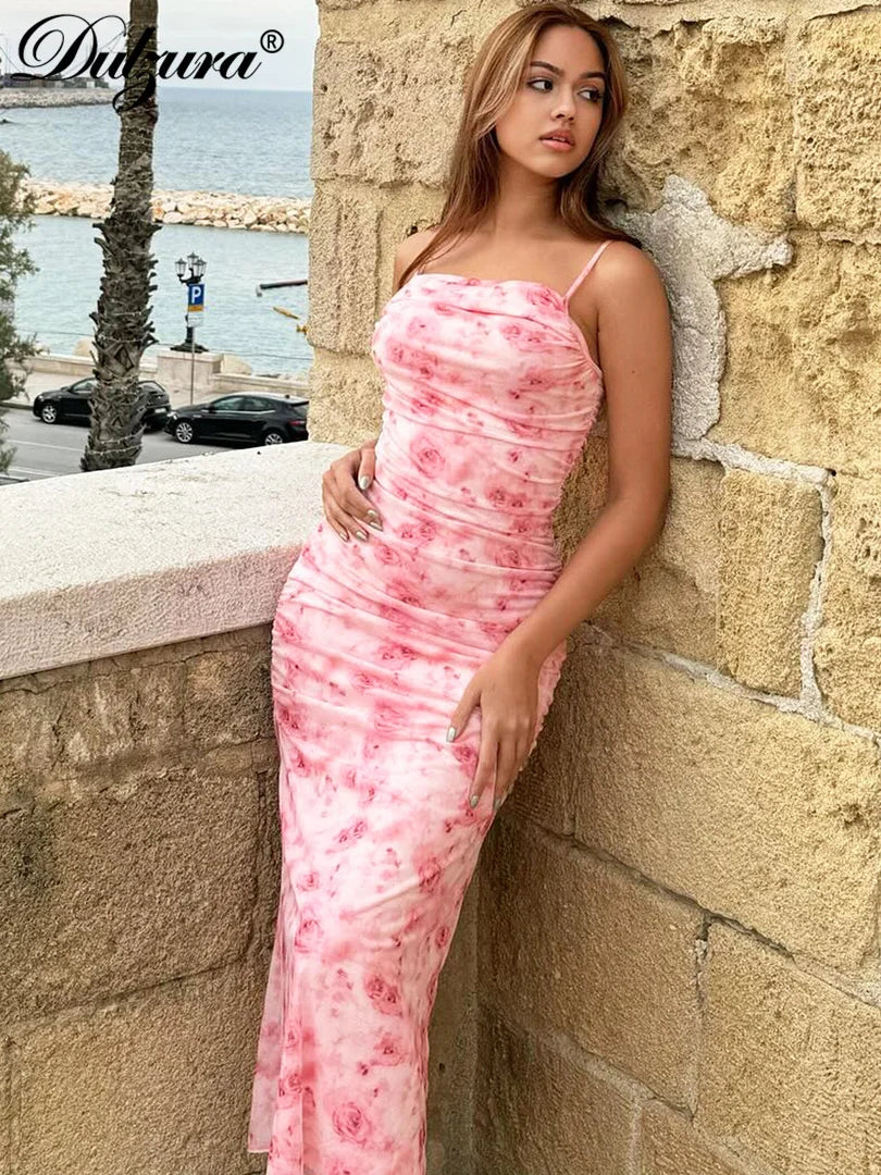 Pink Floral Ruched Bodycon Dress