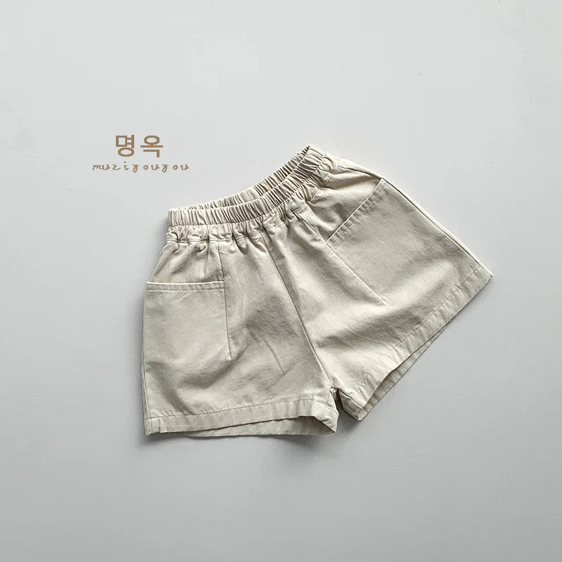 2026 Summer New Children Loose Shorts Solid Vintage Girls Casual Shorts Baby Boys Versatile Pocket Short Pants Kids Clothes