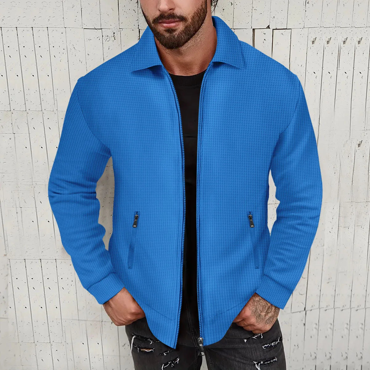 Men's Waffle Texture Long Sleeve Zipper Jacket – Casual Autumn Coat