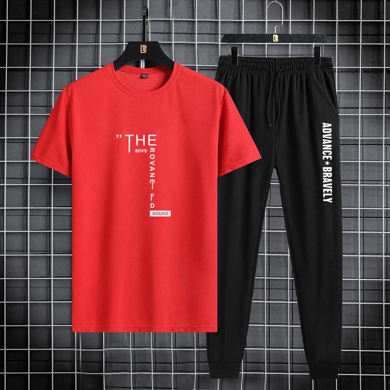 Trendy printed men's sports suit, summer casual T-shirt, leggings, two piece set, thin and breathable, solid color 2024 new prod
