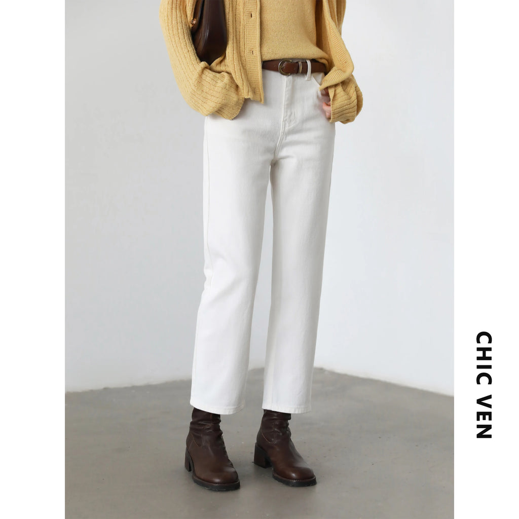 Women's White Slim High Waist Straight Leg Pants – Cotton Casual Trousers
