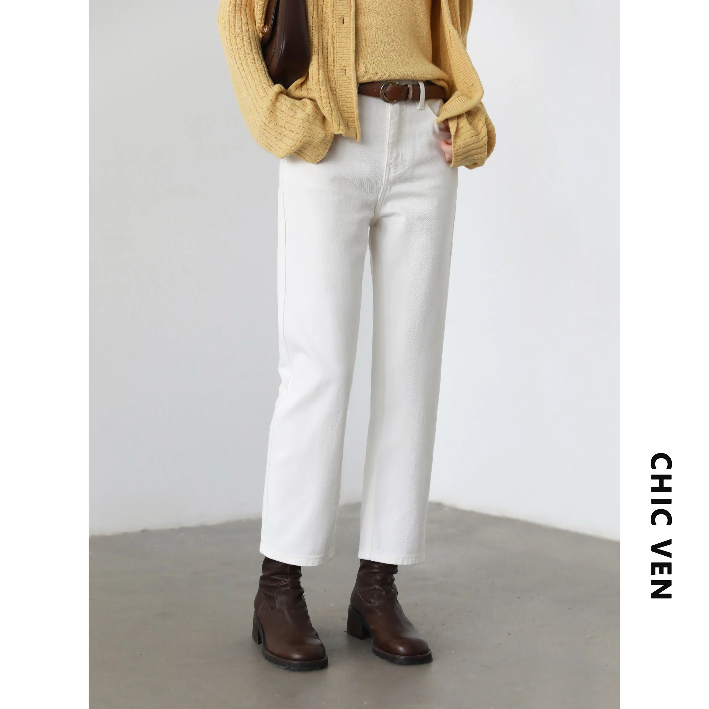Women's White Slim High Waist Straight Leg Pants – Cotton Casual Trousers