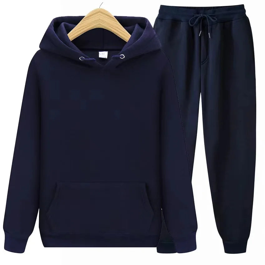 Men's Solid Color Hoodie & Pants 2-Piece Set – Casual Sports Tracksuit