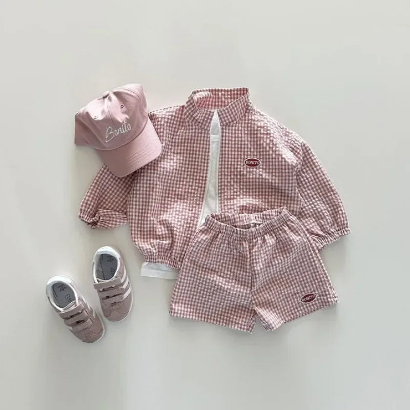 Boys Korean Plaid Sun Coat & Shorts Set – Long Sleeve Zipper 2-Piece Summer Outfit