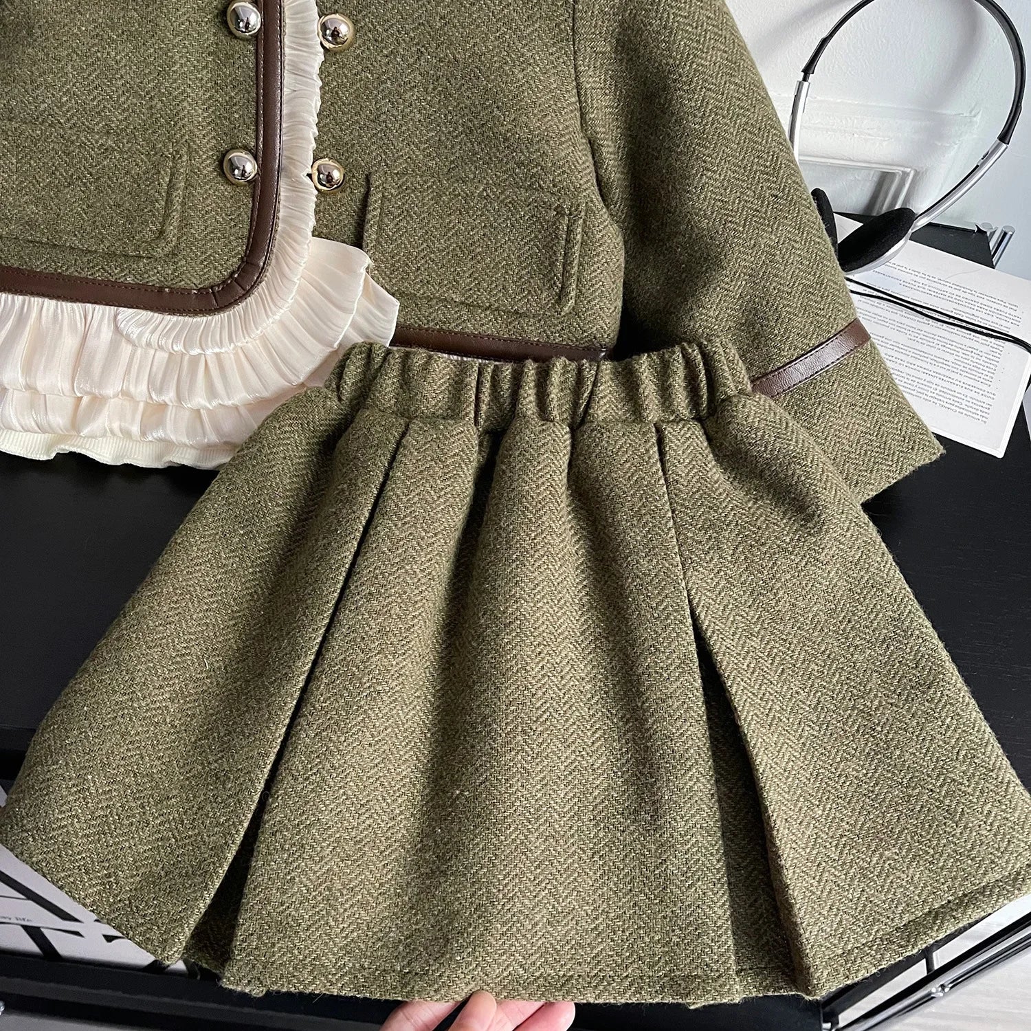 Children's Clothing Sets Small Fragrance Lace Long Sleeve Coat + Pleated Skirt Girls Kids Boutique Clothes Baby Girl Outfit Set