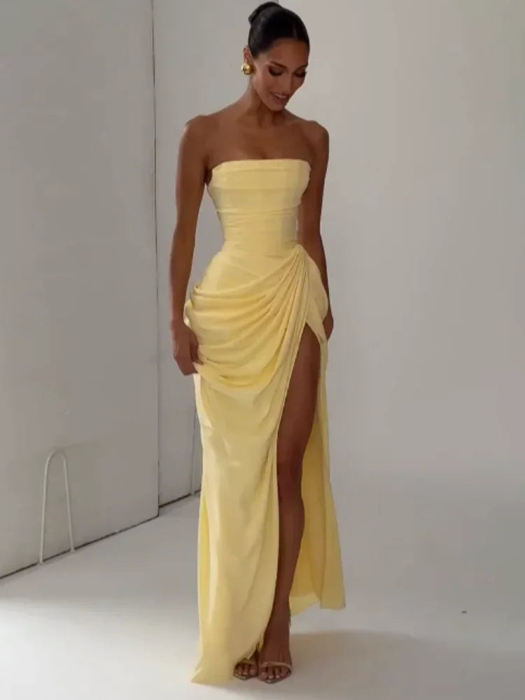 Women's Strapless Pleated Maxi Gown with Split – Elegant Yellow Waist Cinching Evening Dress