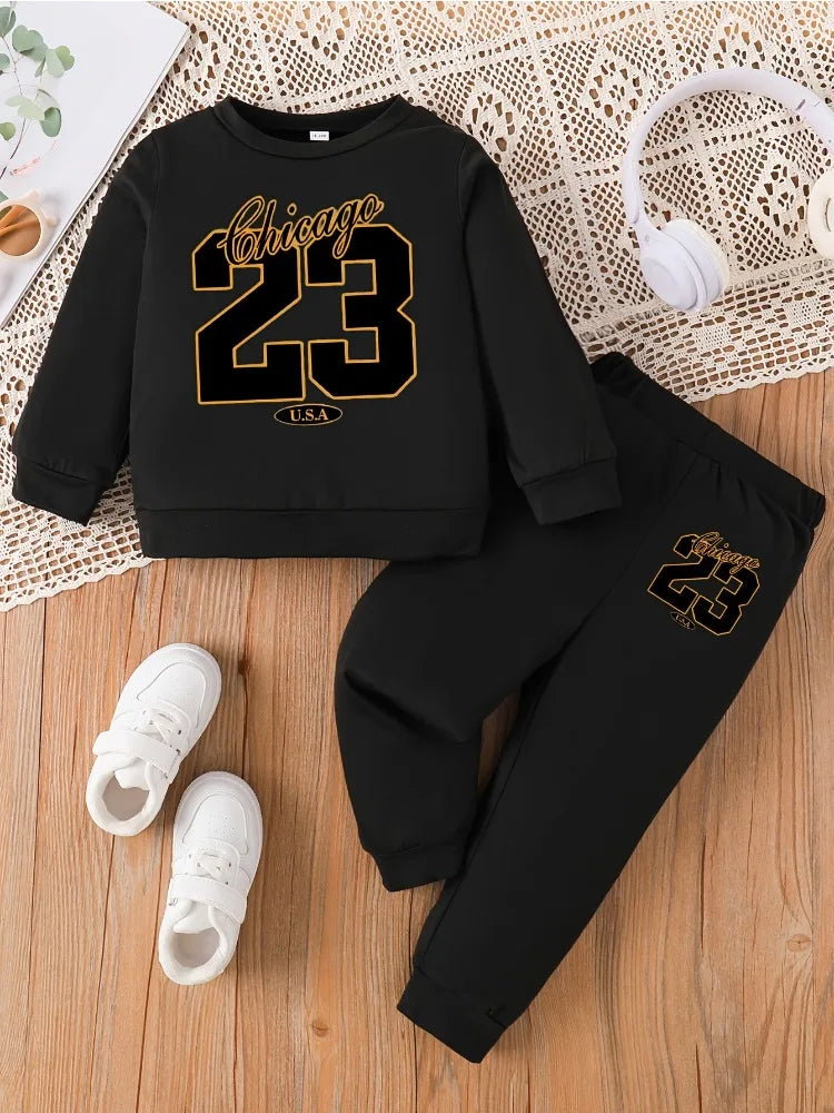 Spring Baby Girls Clothes Set Kid Boy '23' Printed Sweatshirts Pullover Top and Pants 2 Pieces Suit Children Fashion Tracksuits