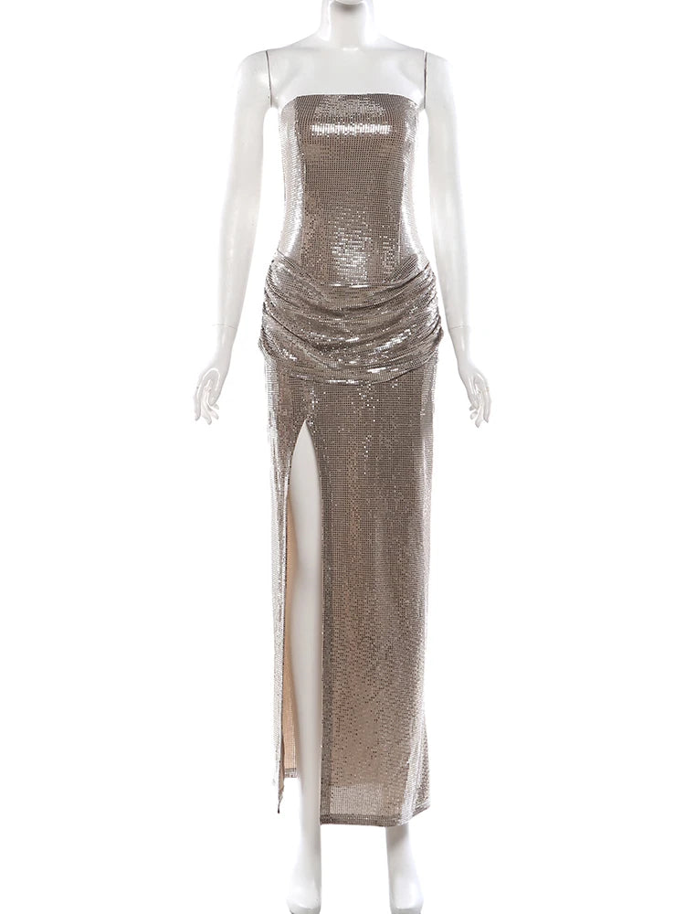 Sisterlinda Sequins Gown Dress Women Sexy Strapless Ruched Elegant Peach Hip Classic Evening Dating Stretch Skinny Split Bodycon