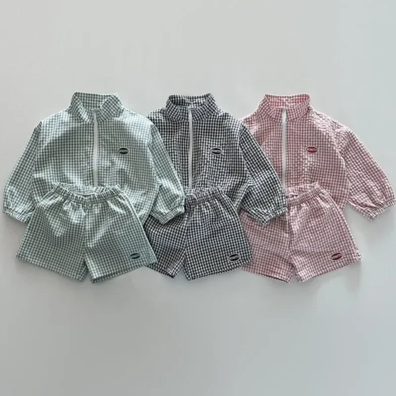 Boys Korean Plaid Sun Coat & Shorts Set – Long Sleeve Zipper 2-Piece Summer Outfit