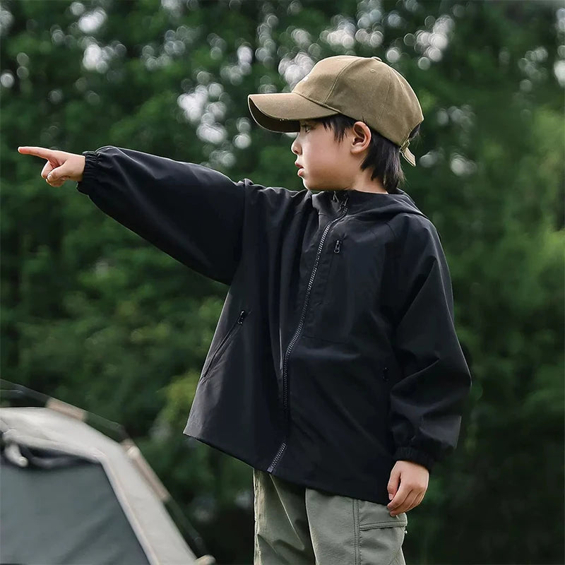 Boys Hooded Waterproof Windbreaker Jacket – Solid Casual Outerwear Ages 2–12