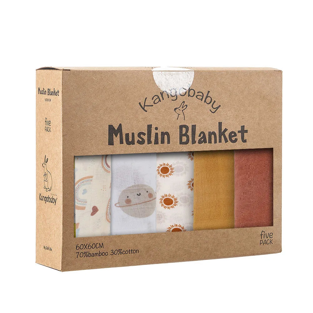 Kangobaby #My Soft Life# 5 Pieces Pack Multi-Functional Bamboo Cotton Muslin Blanket Baby Burp Cloth Set