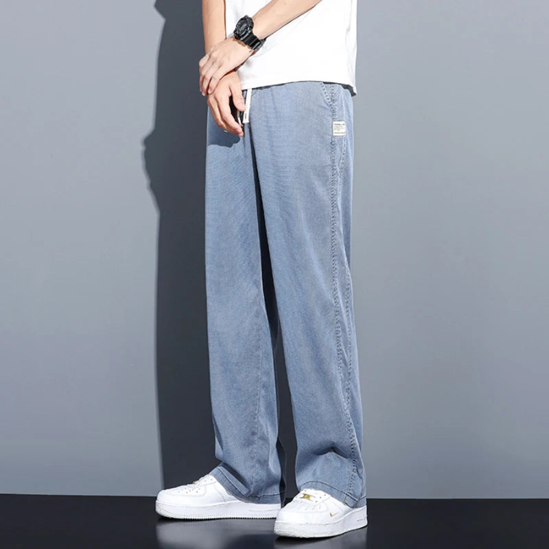 Men's Lyocell Fabric Loose Straight Jeans – Thin Drawstring Elastic Waist Trousers Plus Size