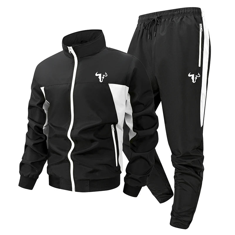 Bull Print Colorblock Sports Set for Men Outdoor Stand Collar Zip Up Jacket Coat Outwear Tops Pants Trousers with Zipper Pockets