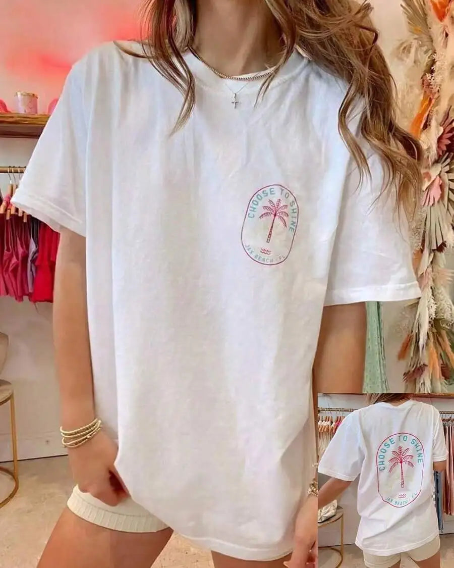 Women's Y2K Coconut Tree Graphic Oversized T-Shirt – Short Sleeve Round Neck Loose Tee