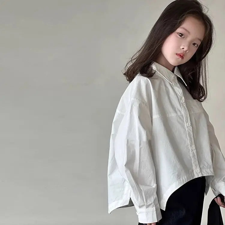 Girls Korean Style Loose White Long Sleeve Shirt – Versatile Casual Blouse