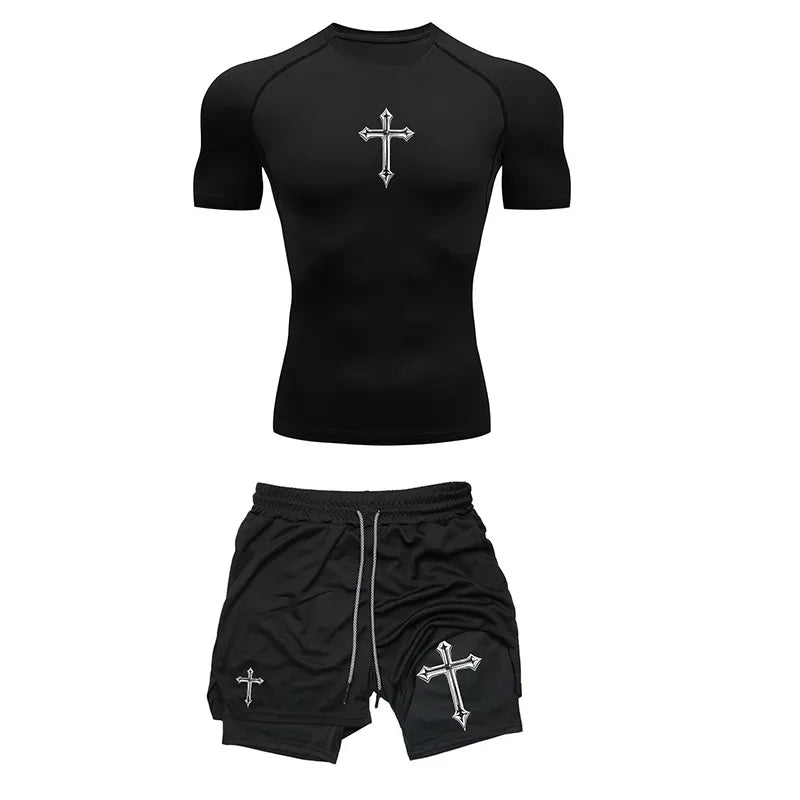 Fashionable printed breathable compression sportswear men's training two-piece set tight T-shirt shorts gym workout set
