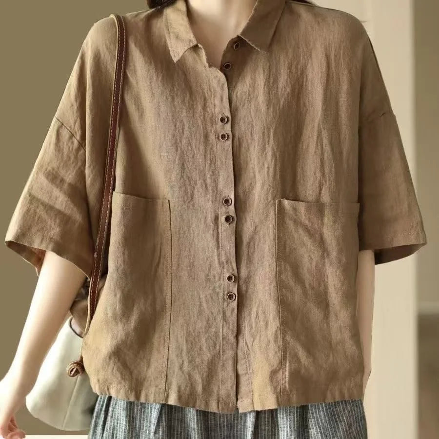 Women's Retro Cotton Linen Short Sleeve Casual Shirt – Loose Korean Fashion Top