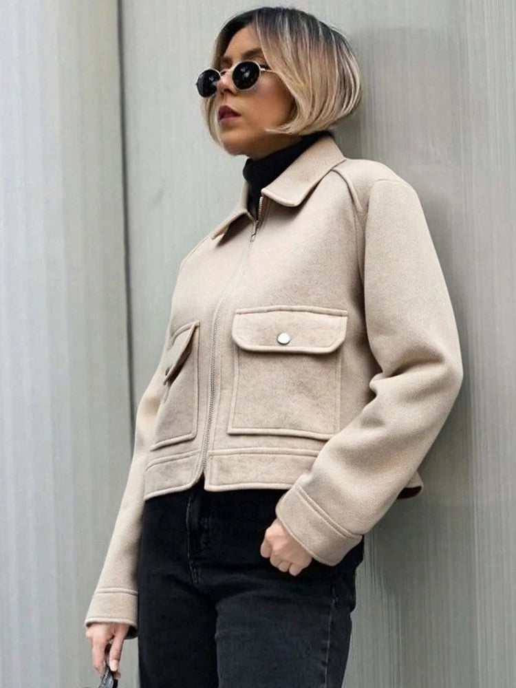 Women's Zipper Pocket Short Jacket Coat – Elegant Street Outerwear