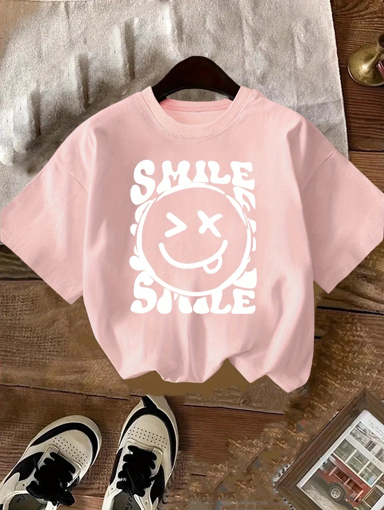 Girls Smiley Face Letter Print Cotton T-Shirt – Cute Short Sleeve Summer Top