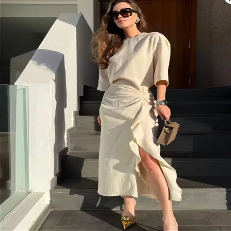 Elegant Beige Midi Dress Women Half Sleeve Round Neck Ruched Waist Ruffle Slit Formal Outfit