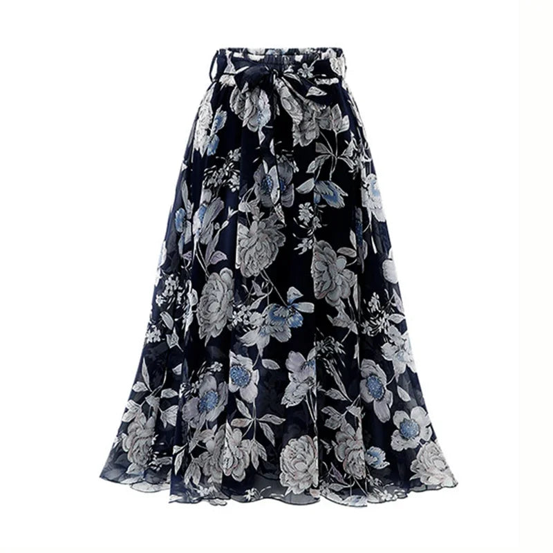 Women's Floral Print Chiffon A-Line Beach Midi Skirt – Casual Elastic Waist Plus Size