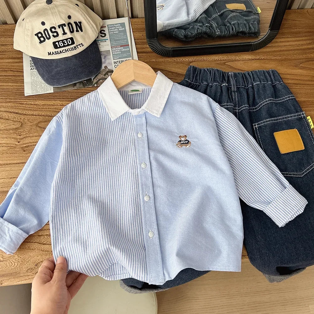 Boys Cute Bear Embroidery Striped Long Sleeve Blouse – Cotton Top 100–150cm